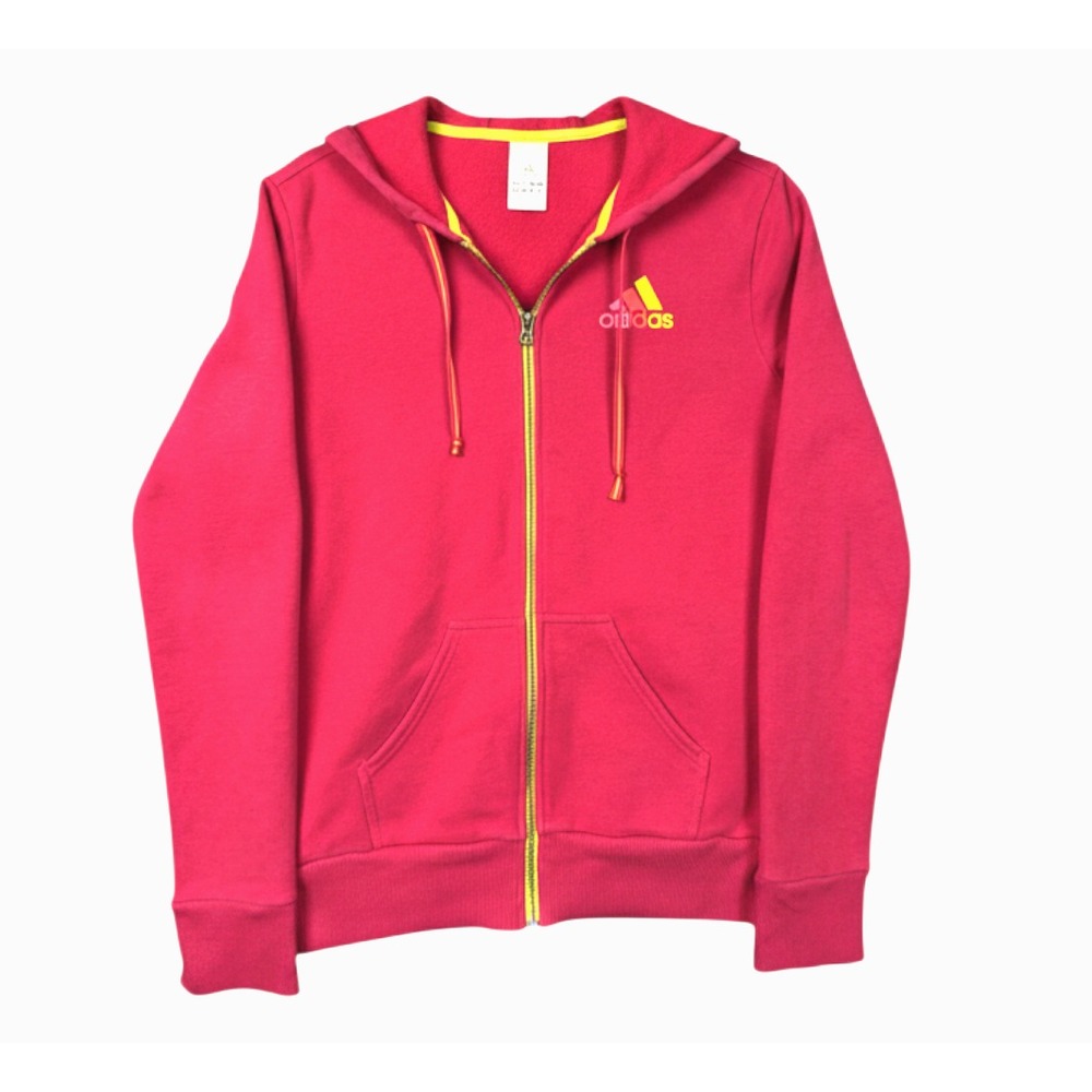 ADIDAS Hot Pink Full Zip HOODIE SWEATSHIRT Neon Yellow Trim TRI-COLOR LOGO sz L